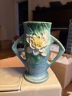 Vtg 1940s Roseville Art Pottery USA 72-6" Water Lily Two Handled Vase Blue