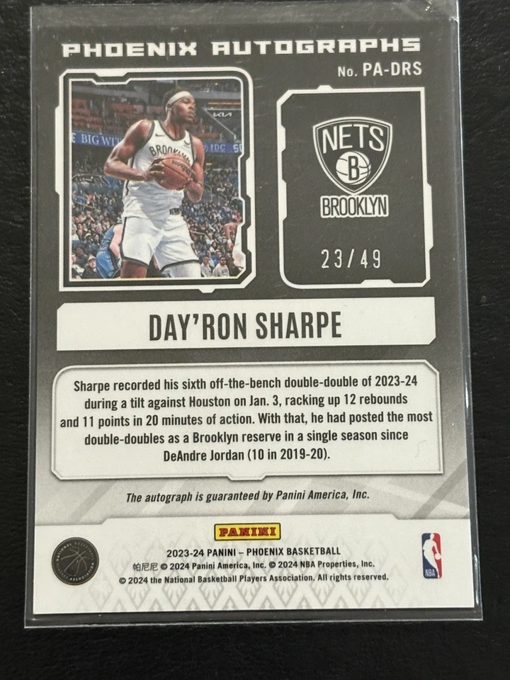 2023-24 Panini Phoenix DAY'RON SHARPE Autographs Rookie #PA-DRS Brooklyn 23/49 - Image 2 of 2