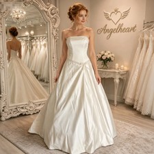 Ivory Strapless Plain Satin A Line Wedding Dresses Lace Floor Length Bridal Gown