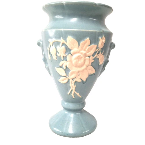 Weller Blue Cameo Vase Floral Relief Art Pottery Zanesville Ohio 1930s