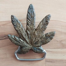 Vintage American Solid Brass Belt Buckle Made In USA Hippie Weed Leaf Marijuana