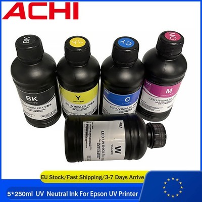 [EU] 5x250ml CMYKW Neutral UV Ink For ACHI A3/A4/A5 UV Printer Epson R1390 L800