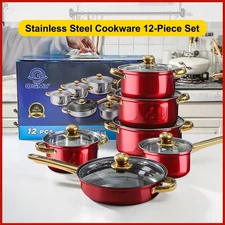 12 Piece Cookware Set Nonstick Pots and Pans Home Kitchen Cooking Non Stick Red