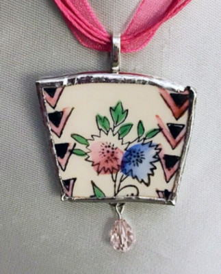 Broken China Pink and Blue Flower Pendant Necklace from Art Deco Plate