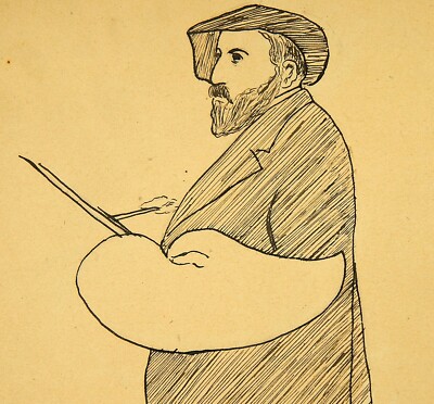 Antike viktorianische 1890er Tusche Skizze Zeichnung Gentleman Künstler Maler Volkskunst