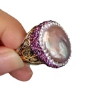 Freshwater Cultured Purple Keshi Pearl Ring Crystal Pave Adjustable Plated Ring