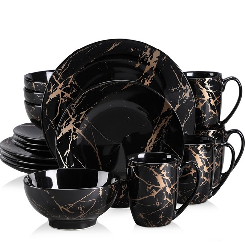 LOVECASA 16-Piece Porcelain Dinnerware Set Black Kitchen Plates Bowls & Mugs Set - Picture 8 of 8
