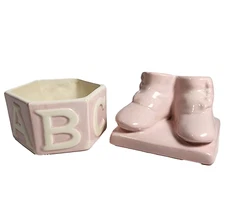 Haeger Vintage Pottery Pink Baby Girl Planters Nursery ABC123 USA #321