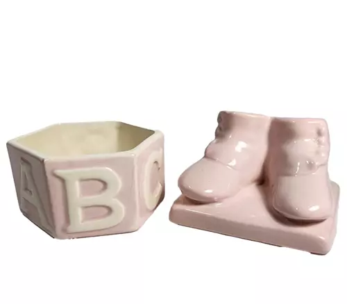 Vintage Haeger Pottery Pink Baby Girl Booties & Hexigon Planters ABC123 USA #321