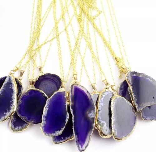 Agate Slice Charm Necklace w Gold Tone Trim, Agate Rock, Healing Gemstone, Gold - Picture 11 of 21