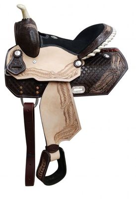 New! 13'' YOUTH BARREL SADDLE w/ Tooled feather design Off billet Latigo D rings