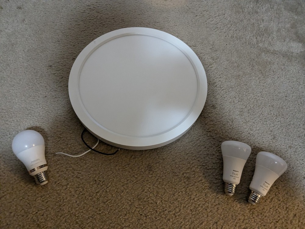 Various Smart bulbs: Tuya Overhead (ambient + color), 2x Hue Ambient, and Wiz