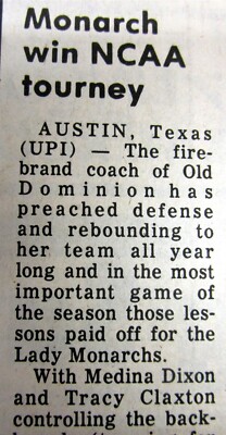 1985 newspaper OLD DOMINION UNIVERSITY wins WOMEN'S