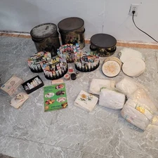 HUGE LOT OF 135 Tri-Chem Liquid Embroidery 3 Caddy Tins, Trays, Stencils, Fabric