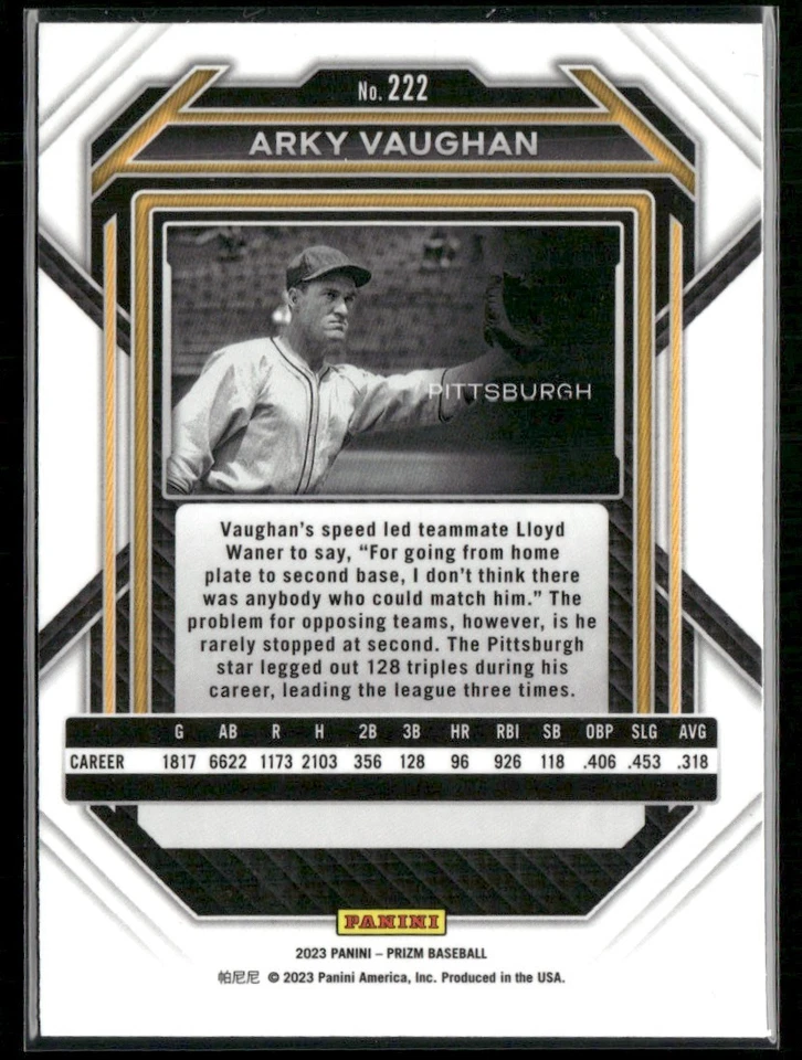 2023 PANINI PRIZM ARKY VAUGHAN PITTSBURGH PIRATES #222 - Image 2 of 2