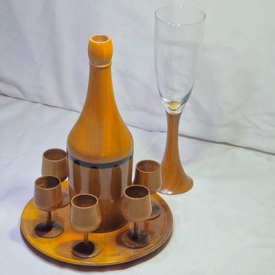 Vintage 9pc Set of Handmade Brown Balsa Wood, Glass Wine Display Set READ DESC