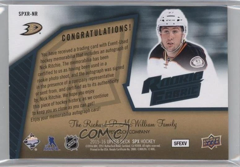 2015-16 SPx 2005-06 Retro Rookie Fabrics /10 Nick Ritchie RPA Patch Auto RC - Image 2 of 2
