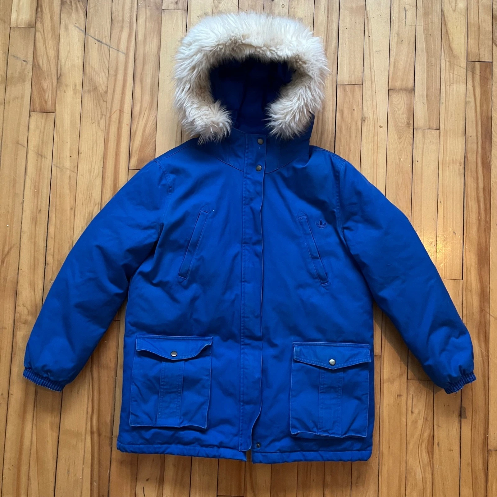 Adidas Blue Parka Jacket with Faux Fur Hood Zip Pockets Logo Size L