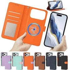 For iPhone 12 15 16 17 Pro Max Flip Wallet Case 2-in-1 Detachable Magnetic Cover