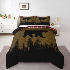 Rustic Farmhouse Bedding Sets King Bear Comforter Set Red Buffalo Plaid Quilt...