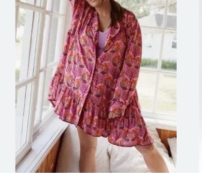 Anthropologie Mary O'Malley Size XSP Dahlia Pajama Shirt Purple Floral Oversized