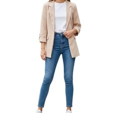 HAVE Los Angeles Women  s Open Front Blazer Large Tan Beige 3/4 Sleeve Career NWT
