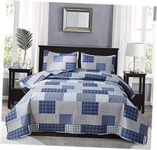 Blue Plaid Quilts Set Lightweight Summer Bedding Size, Full/Queen Light Blue