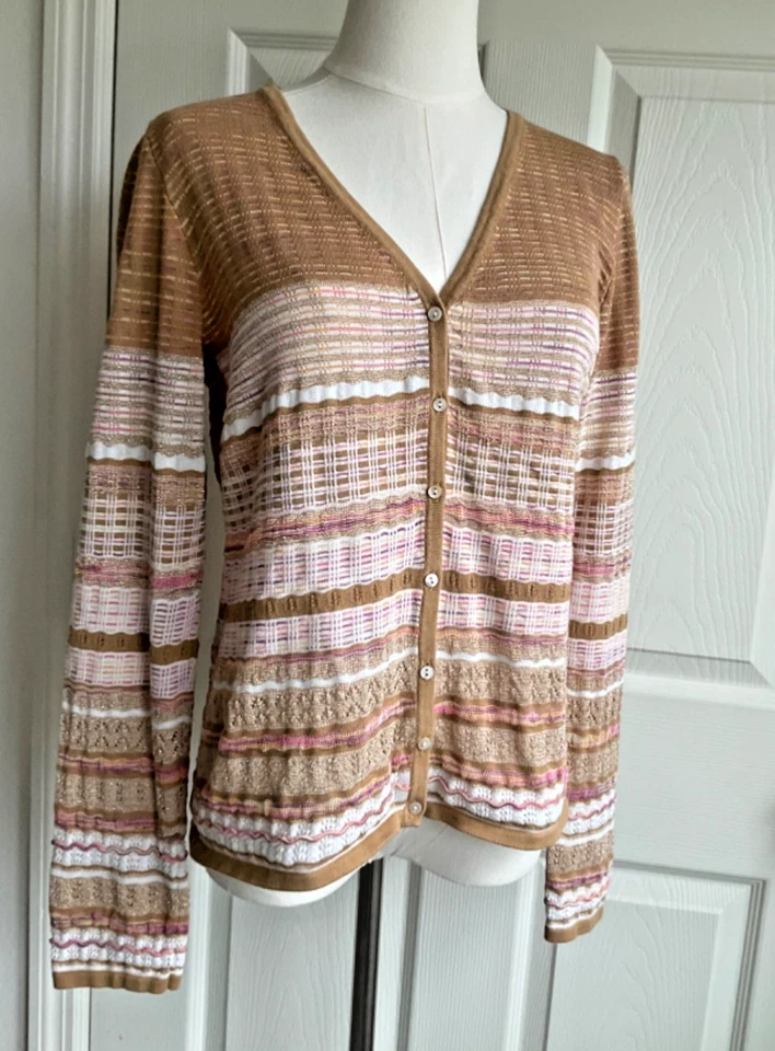 Colección Peck & Peck Cárdigan Abotonado Rayas Suéter Marrón Mujer Medio Otoño Foto 4 de 4