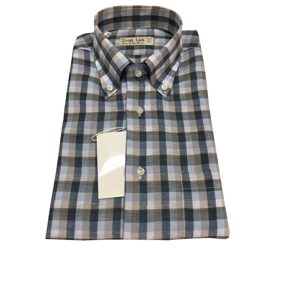 Мужская рубашка ICON LAB 1961 с коротким рукавом синего/ темно-коричневого/белого цвета обычного кроя
