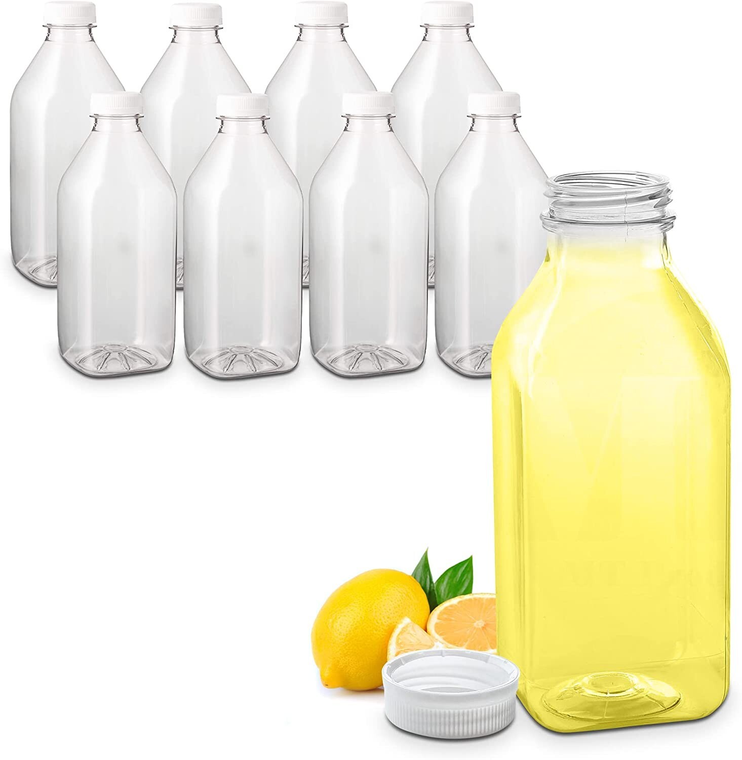 MT Products 32 oz. Clear Plastic Juice Bottle with Caps - Pack of 96