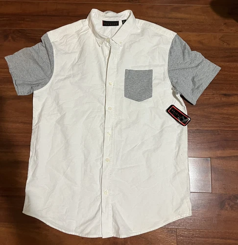 Fission Mens Size L Button Down 2 Tone Shirt w Collar White And Gray NWT