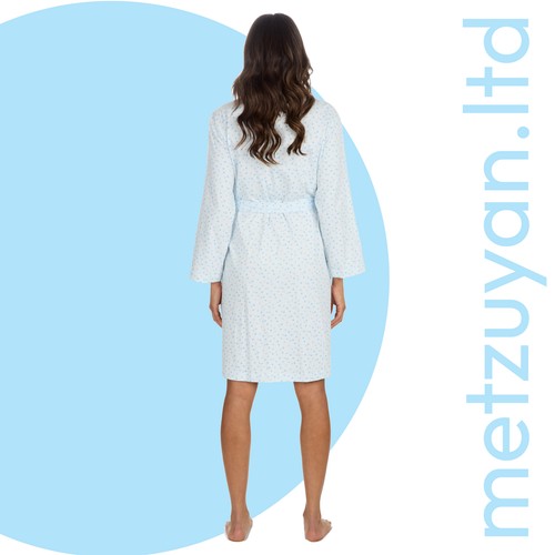 Womens Lightweight Robe 100% Cotton Summer Gown Kimono Bathrobe Blue UK S M L XL - Picture 5 of 6