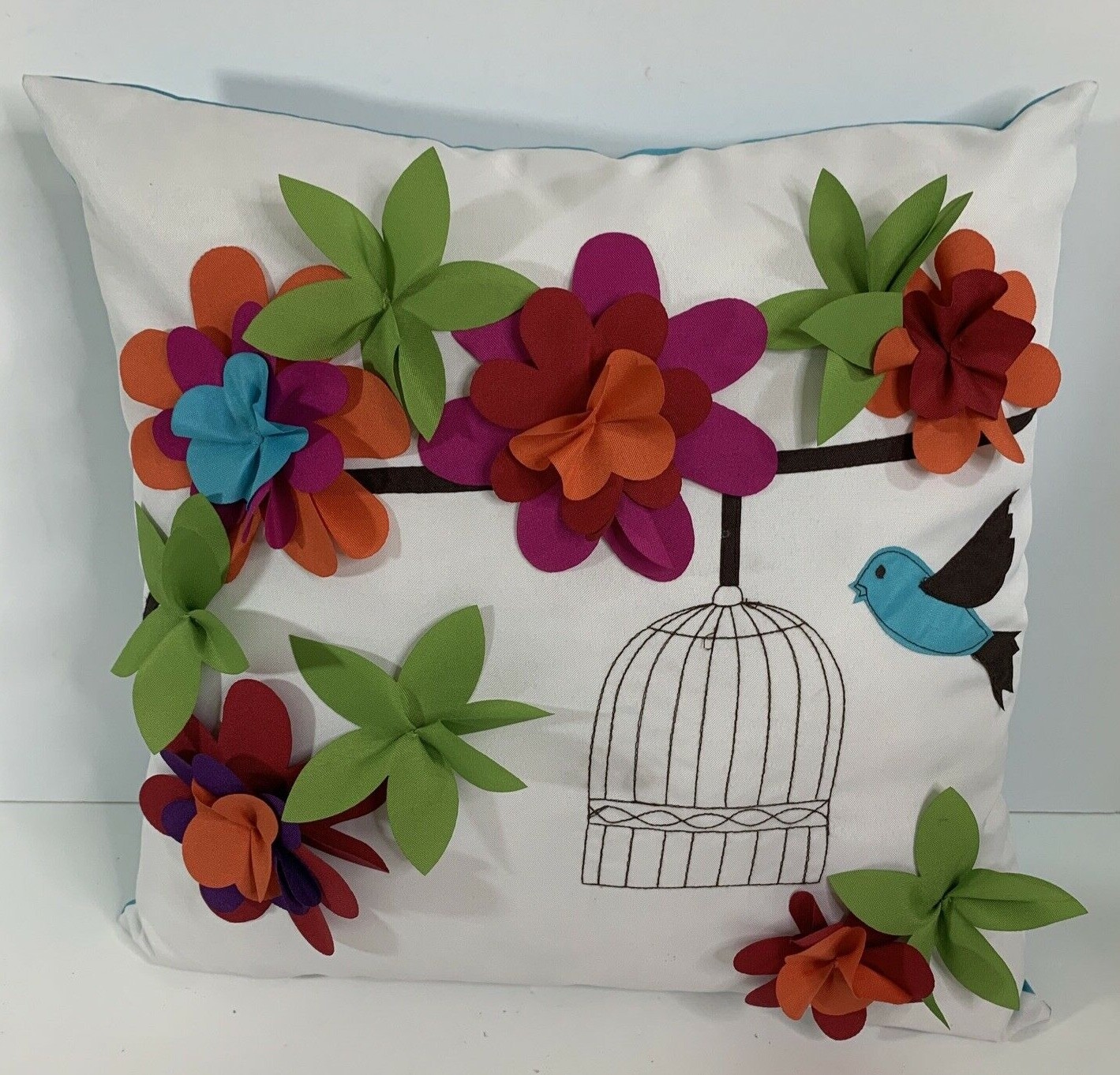 Throw Pillow, Colorful Appliqué 3D Flowers Bird Cage Spring White & Blue-image