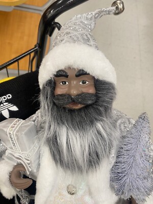 African American Black Santa Clause Sparkly Silver Hat and Bells Table  Statue