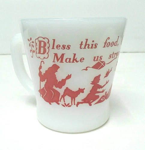 Vtg Fire King D Handle Coffee Cup Tea Bless This Food 50's Red Farm House Mug