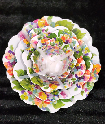4pc Rachel Zoe PANSY Nesting Bowl Set Melamine Floral Multicolor Stacking Serv'g