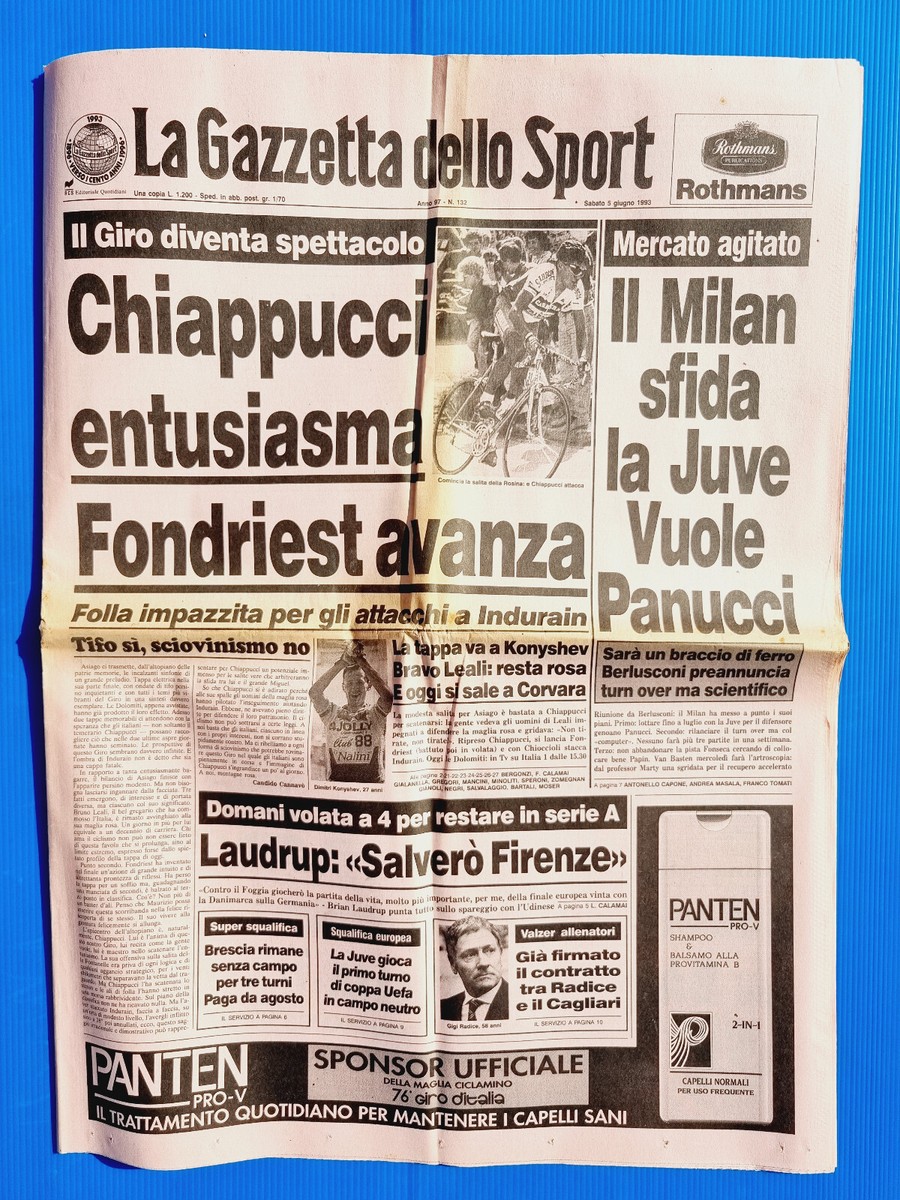 Gazette Dello Sport 5 Juin 1993 Chiappucci Fondriest Milan Juventus