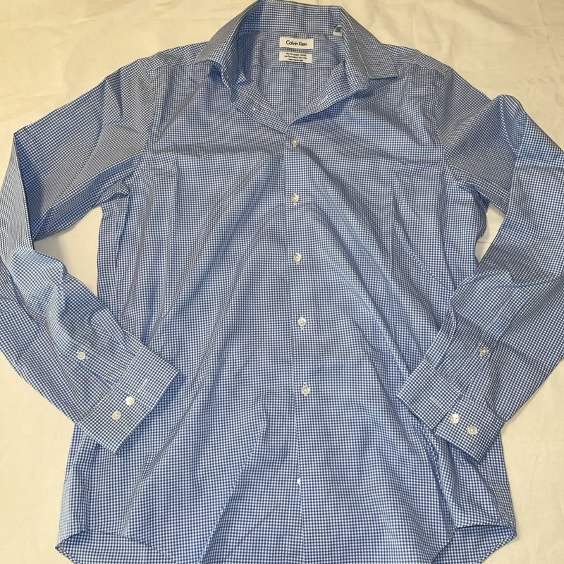 Calvin Klein Shirt Mens 16 34/35 Blue White Check Slim Fit Performance Non Iron