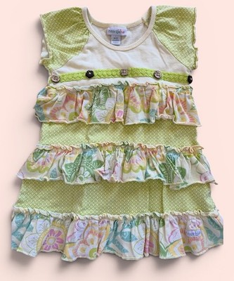 Naartje EUC Green/Yellow Floral Ruffled Lace Trim Cotton Knit Dress-6-12Mo