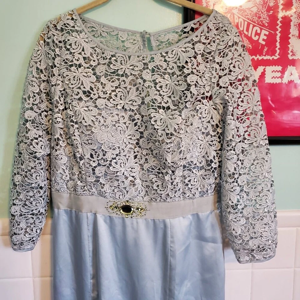 Adrianna Papell Pastel Blue Knit Jeweled 3/4 Sleeve Maxi Dress Gown Bridesmaid - Image 3 of 4