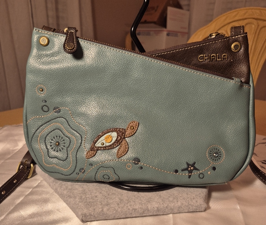 Chala Turtle Criss Crossbody Bag in Teal Vegan Leather