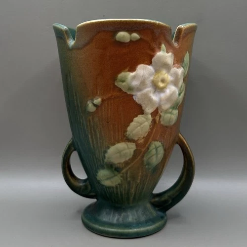 Vintage Roseville White Rose Vase 987 6 Double Handle Floral