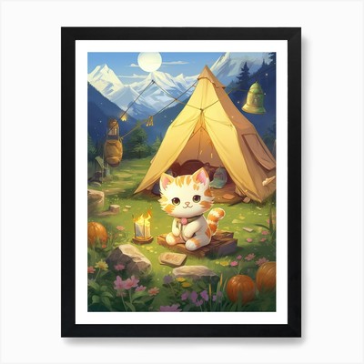 Kawaii Cat Drawings Camping 4 Art P Framed Wall Art Poster Canvas Print Picture