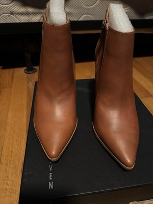Steven Steve Madden Klick Cognac Leather Pointed Toe Block High Heel Ankle Boots