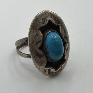 Signed Sterling Silver & Turquoise Oval Native American Stamped Ring Size 8 7.6g