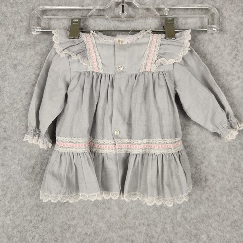 Vintage Bryan Baby Dress 0-3 Months Gray Lace Pink Ribbon Made USA Long Sleeve - Picture 6 of 9