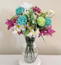 Handcrafted Floral Centerpiece Arrangement Clear Hourglass Vase Upcycled Decor