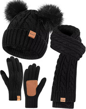 Winter Hat Scarf Glove Set for Women, Fleece Lined Beanie with Double Pom Pom, T