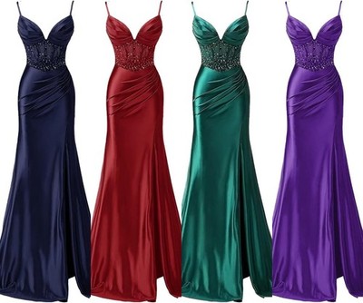 Women V-Neck Satin Prom Dresses with Slit Sequins Spaghetti Formal Evening Dress