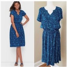 Talbots Women's XL Blue Floral Print Smocked Waist Belted Midi Dress
